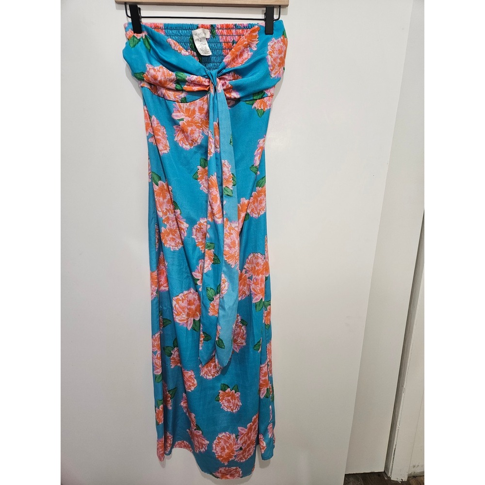 Band of Gypsies Floral Strapless Maxi Dress Blue Orange‎ Peony Tie Front XS
